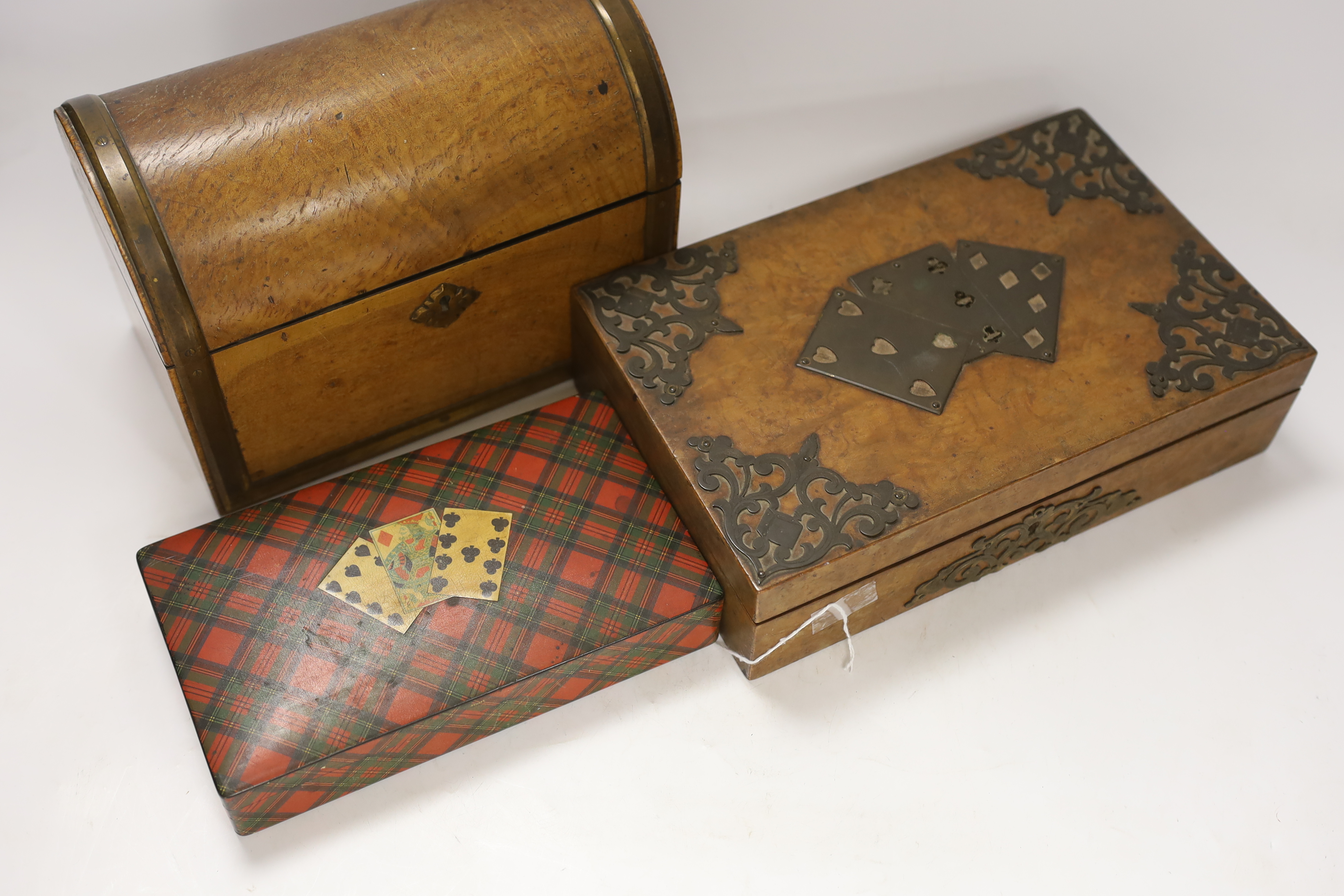 A Tartanware games case, a burr walnut compendium, a dome topped stationery box and two quill boxes, largest 22cm wide x 17cm high